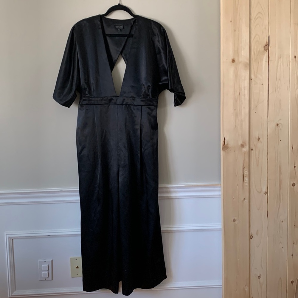 TOPSHOP Sexy Black Plunge Neck Wide Leg Jumpsuit